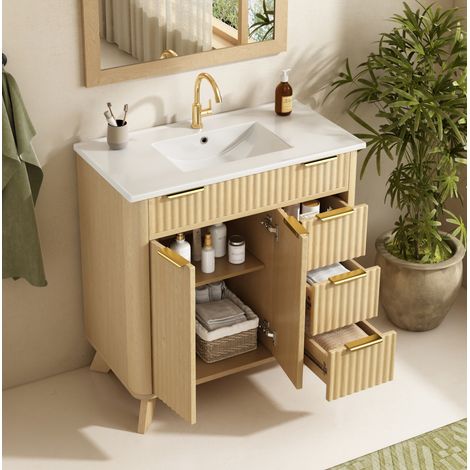 Mueble lavabo de baño (81x47x90 cm), 3 cajones, puertas dobles con cierre suave, cerámica y MDF, color madera natural (1/5)