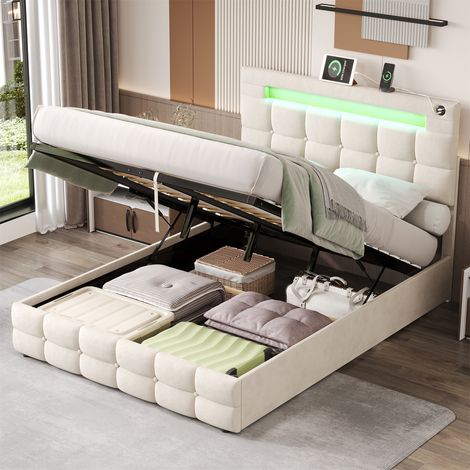 4ft6 Velvet Ottoman Bed with Hydraulic Storage, LED Headboard & Charging Station - Double Upholstered Bed Frame with Adjustable Button Tufted Headboard, Beige (No Mattress) (1/5)