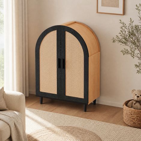 Scarpiera a 2 ante con 3 ripiani regolabili, porte effetto rattan, nero e legno DESVIAE (1/5)