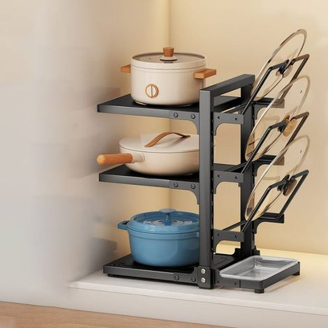 Étagère de cuisine, étagère multi-niveaux pour casseroles, boîte de rangement pour ustensiles de cuisine à 3 niveaux, noir,3722.643cm
