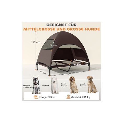 Lit surélevé pour grand chien marron café 106 x 76 x 99 cm avec toit et structure extérieure pour jardin terrasse et camping (1/5)