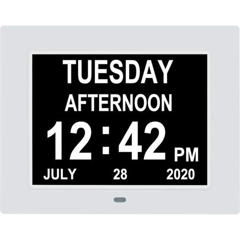 Horloge calendrier numérique extra large avec date, heure et jour, idéale pour les seniors malvoyants, 8 alarmes, blanche. (1/5)