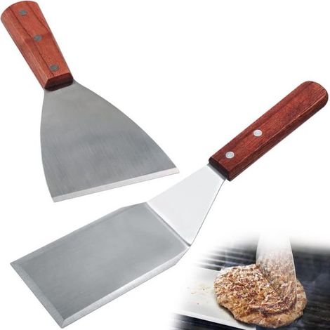 Lot de 2 spatules à griller – Acier inoxydable – Manche en bois – Bord biseauté – Pour barbecue, hamburgers, poêles en fonte et plaques de cuisson (1/5)