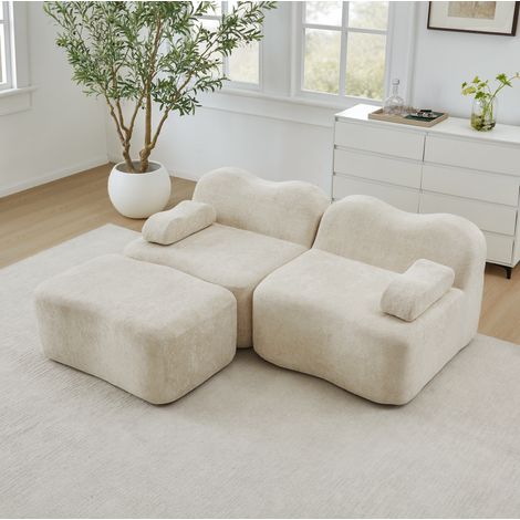 Sofá esquinero modular de 2 plazas con 1 otomana, sin montaje, terciopelo beige HAVRYA (1/5)