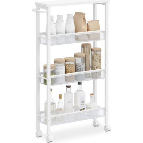 Carro para nichos Relaxdays, 77 x 13 x 45,5 cm, estantería estrecha para baño y cocina, 4 niveles, carrito metal, blanco