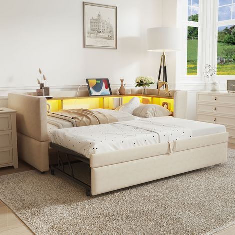 Divano letto 90/180x190 cm beige in flanella con LED, prese e vani portaoggetti (1/5)