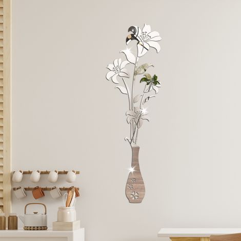 Autocollants muraux miroir Autocollants muraux 3D en forme de fleur pour salon, chambre à coucher, décoration murale pour arrière-plan TV et toile de fond de canapé (miroir argenté) (1/5)