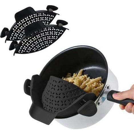 CSPARCV Silikon-Clip-Sieb, 22,5 cm x 11,4 cm, 2er-Pack Küchen- und Aufbewahrungszubehör, passend für Universal-Pfannengrößen für Nudeln, Reis und Gemüse (Schwarz) (1/5)
