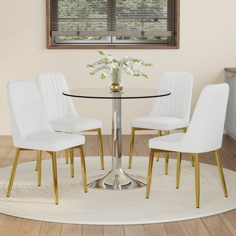 Esszimmergarnitur aus Glas und Metall in Silber mit 85 cm Rundtisch und 4 PU-Leder-Stühlen in Weiß mit goldfarbenen Beinen (1/5)