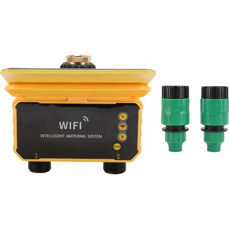Ortviai Minuterie d'arrosage intelligente WiFi solaire avec capteur de pluie, 2 zones, double sortie pour jardin et pelouse (1/5)