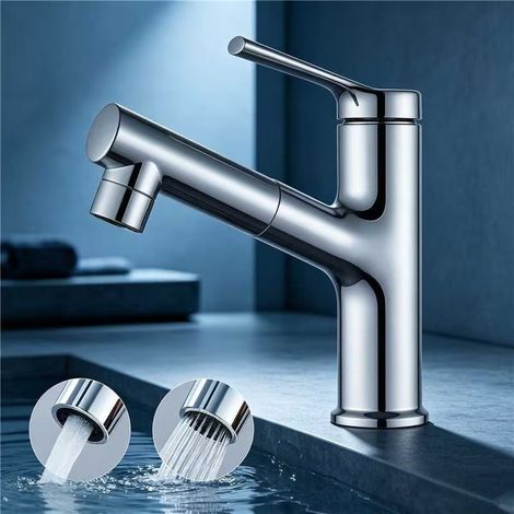 CECIPA MAX Wasserhahn Bad mit ausziehbarer Brause 2 Strahlarten Waschtischarmatur Einhebelmischer für Waschbecken, Chrom
