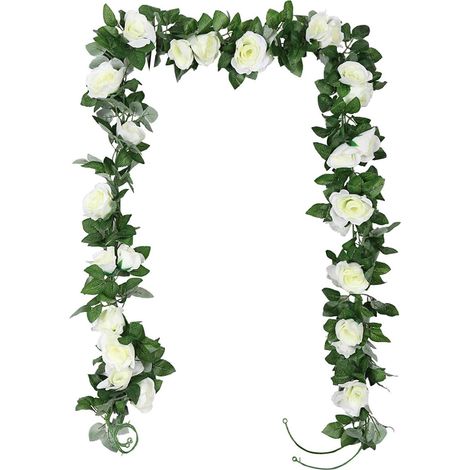 Lot de 2 guirlandes de roses artificielles (2,2m blanc), fleurs factices pour décoration suspendue intérieur/extérieur, maison, cuisine, jardin, bureau, mariage, hôtel, fête (1/5)
