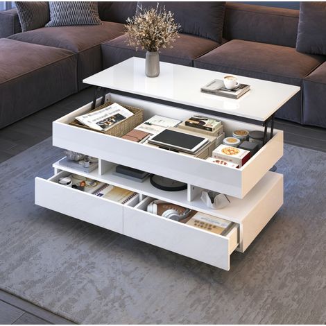 Couchtisch 100x50x45 cm weiß aus Holzwerkstoff höhenverstellbar mit LED und Stauraum (1/5)