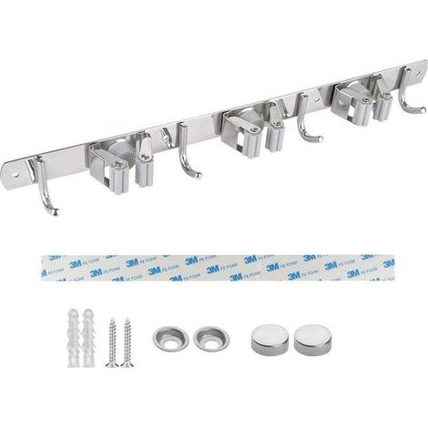 Porte Balai Mural, Acier Inoxydable, Porte Balai Adhésif avec Crochet, Armoire à Balai Multifonctionnelle pour Cuisine, Jardin, Salle de Bains, Garage, Balcon, Bureau