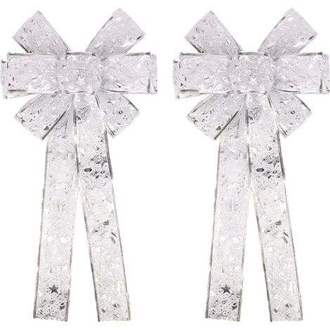 Nœuds de noël argentés éclairés, 2 pièces, nœuds de couronne de noël avec lumière LED, décoration de couronnes d'arbre de noël, 43cm x 22cm (1/5)