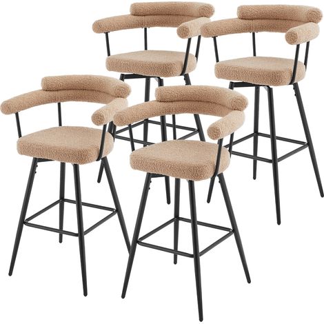 ML-Design Set di 4 Sgabelli da Bar Girevoli 360° in Tessuto Teddy Marrone, Altezza 76 cm, Sedili con Braccioli e Schienale Imbottito, Sedie con Poggiapiedi per Cucina e Bistro con Gambe in Metallo