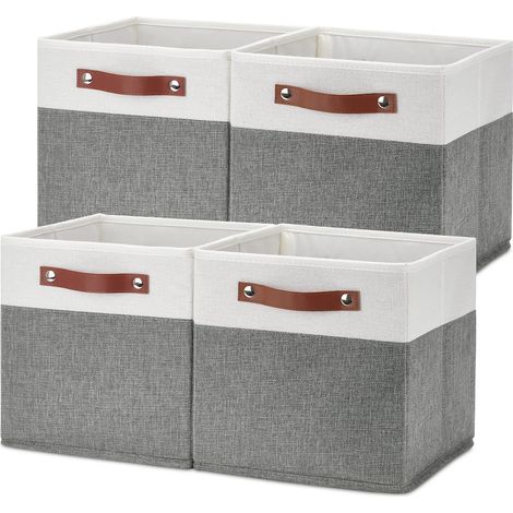 Lot de 4 cubes de rangement pliables en tissu avec poignées, panier de rangement pliable pour étagère (blanc et gris, 27,9 x 28,9 x 28,9 cm) (1/5)