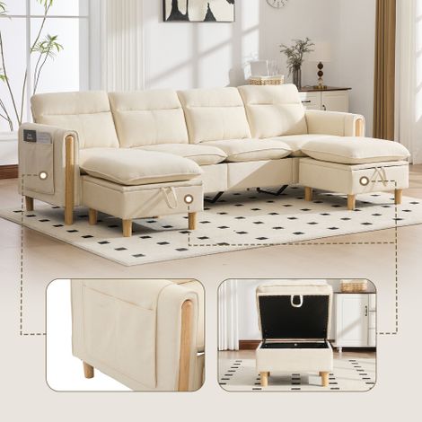 Grand canapé d'angle en U avec deux poufs de rangement  canapé modulable quatre places avec pieds de table en bois  canapé confortable en tissu, idéal pour le salon et l'espace familial (chenille beig (1/5)