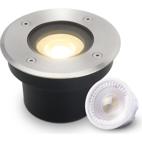 LED Bodeneinbaustrahler FLACH rund Edelstahl 230V IP67 - Leuchtmittel: 5W 2700K DIMMBAR 60° - Anzahl: 1x (1/5)