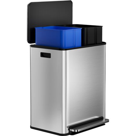 Recycling Bin - 2x30L with Steel Lid - Silver, Dual Inner Bins (Black/Blue) - for Kitchen, Waste Sorting (1/5)