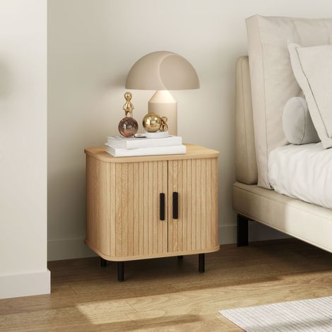 Comodino da camera da letto con ante scorrevoli, 2 ripiani e gambe in acciaio, stile scandinavo, 48x40x48 cm, rovere