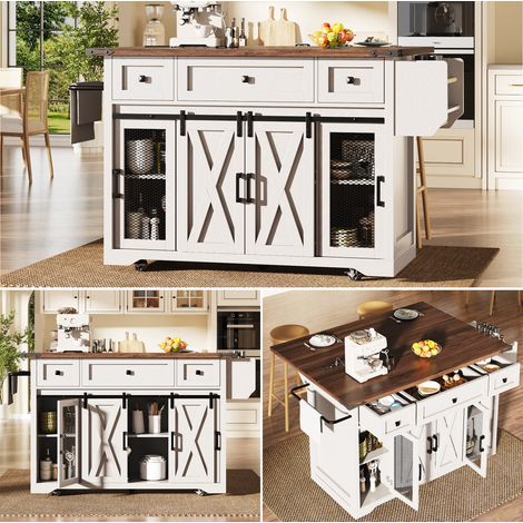 Table roulante d'îlot de cuisine avec plan de travail extensible et prise électrique, hauteur de travail 91 cm, blanc/noir, charge max 75 kg (1/5)