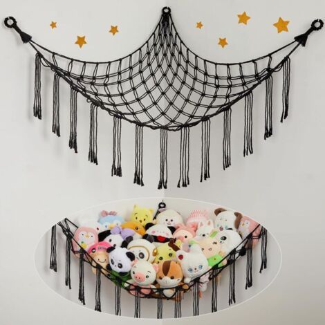 1 hamac de rangement pour jouets, hamac bohème pour jouets en peluche, support de rangement suspendu pour chambre d'enfant, noir (1/5)