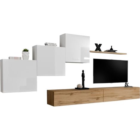 Composizione murale SWITCH X – Mobile porta TV da parete, cubi sospesi e scaffale – Rovere Wotan e bianco lucido – Design moderno
