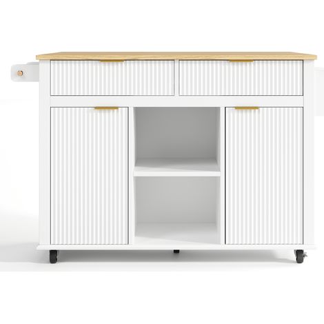 Isla de cocina con ruedas en MDF blanco y natural con tablero abatible, 2 cajones y 2 puertas (1/5)