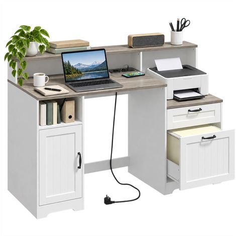 HOMCOM escritorio rústico 140 cm con enchufes, con 2 cajones, armario, soporte para impresora y monitor, barra ajustable, para oficina en casa, blanco (1/5)