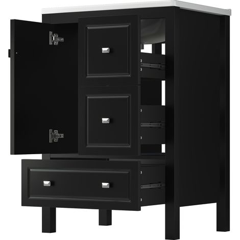 Badmöbel stehend mit Keramikwaschbecken 62 x 47 x 90 cm, schwarz, MDF, 3 Schubladen und 1 Tür (1/5)