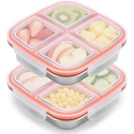 Boîte À Repas - Acier Inoxydable - 17.6 x 17.6 x 5 cm - Compartimenté - Pour Fruits Légumes Viande Noix - Lot De 2 (1/5)