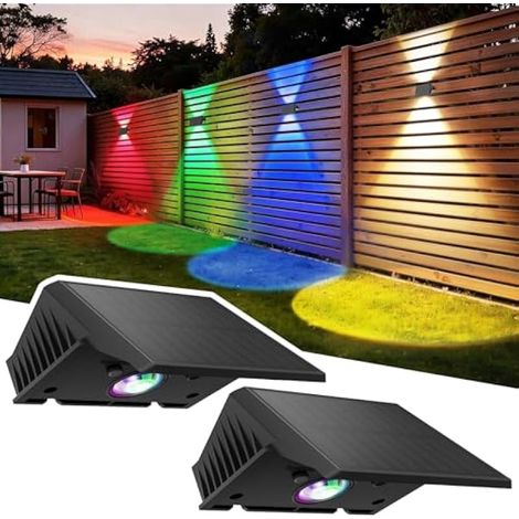 Lumière Solaire Extérieure Haut et Bas Lot de 2 LED Applique Murale Exterieur Blanc Chaud et RVB Éclairage Puissant 1000mAh Lampe Étanche IP67 pour Maison Jardin Terrasse (1/5)