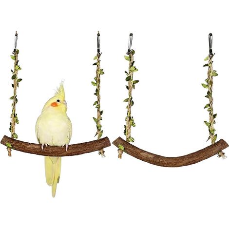 Balançoire pour oiseau en bois naturel, perchoir suspendu pour perroquet et perruche, lot de 2 jouets de cage pour oiseaux (1/5)