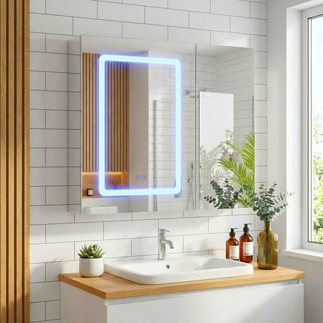 LED-Spiegelschrank 2 Türen 70x60 cm - Badezimmer-Spiegelschrank mit Anti-Beschlag, 3-stufiger Touch-Beleuchtung und verstellbaren Einlegeböden