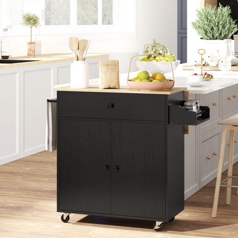 Isla de Cocina con Ala Abatible 2 Puertas Cajón Especiero Toallero y Estante Ajustable 106x42x87 cm Negro y Roble