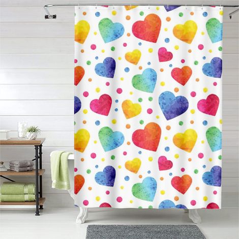 Rideau de douche motif cœurs aquarelle romantique, rideau salle de bain imperméable, 180x180 cm (1/5)