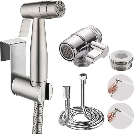 Bidet Douchette à main en acier inoxydable, douchette à double fonction musulmane en acier inoxydable – avec distributeur de robinet, WC flexible et crochet de 59" ou support mural (1/5)
