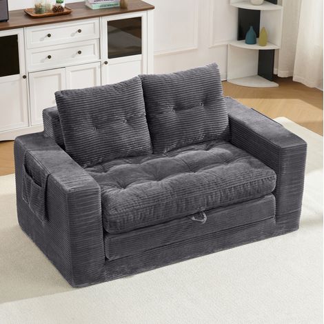 Divano doppio 31x34x92 cm, trasformabile in letto, tasche laterali, velluto a coste, grigio scuro (1/5)