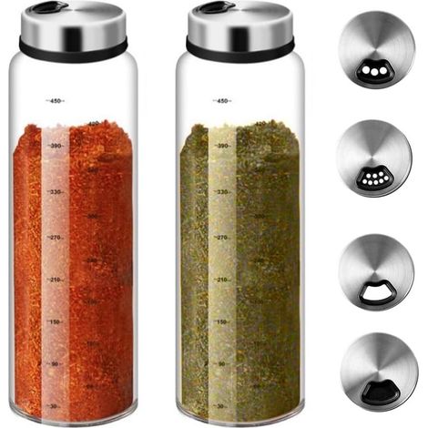 Lot de 2 pots à épices de 500 ml avec couvercle rotatif : 2 pièces, avec 3 types de trous d'épices, en verre borosilicate, salière à épices en verre, grand pour la cuisine (1/5)