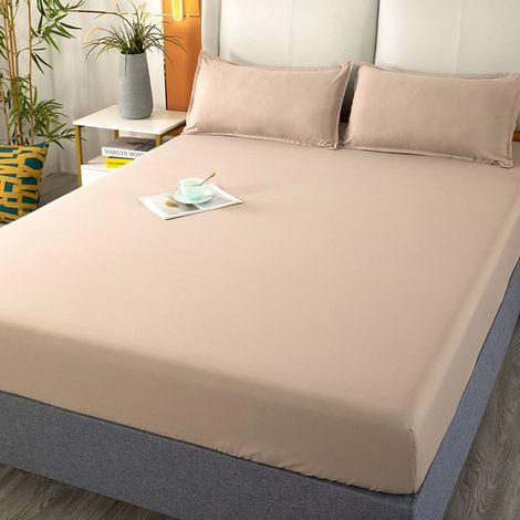 Housse de Matelas 150x200 cm en Coton Lavé, Couleur Camel, avec Élastique pour Matelas Fin, Drap-Housse Uni (1/2)