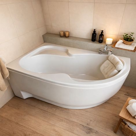 ECOLAM Badewanne WELA 160x100 cm links mit Antirusch + Acrylschürze + Kopfkissen Sole Eckbadewanne Acrylwanne weiß glänzend (1/5)