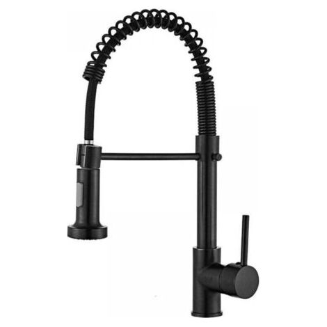 S-förmiger Küchenhahn mit Federmechanismus - Einzelfunktion für Warm- und Kaltwasser - Massiver schwarzer Edelstahl - Mit Zulaufschlauch - Ergonomisches Design.