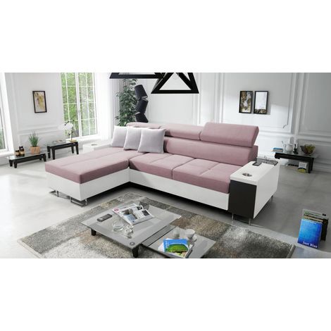 Bequemes Ecksofa mit Schlaffunktion MORENA I MAXI Kunstleder/Sawana Weiß/Rosa Links (1/5)