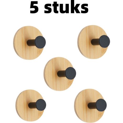 Confezione da 5 ganci appendiabiti in legno massello - Non è necessaria la foratura - Ganci autoadesivi resistenti per corridoi e ingressi - 6 cm x 6 cm - Colore legno (1/5)