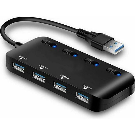 Hub Usb 3.0 Multiprise, Multi 4 Ports Usb Multiple Ultra Fin Avec Voyants De Commutateurs D Alimentation Individuels (1/5)