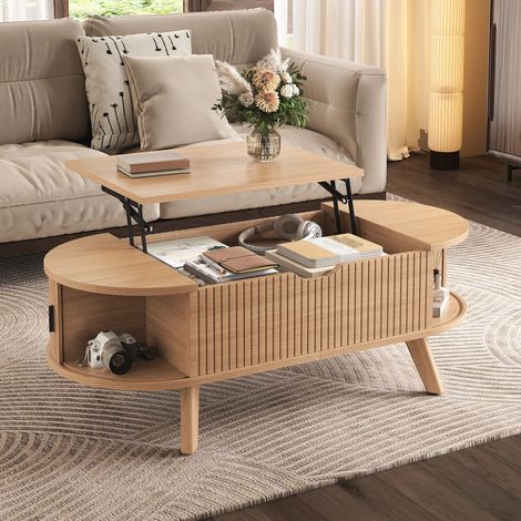 Table basse relevable ovale 110 x 50 x 53,5 cm avec plateau relevable, grand rangement caché et 2 portes coulissantes, MDF, Naturel (1/5)