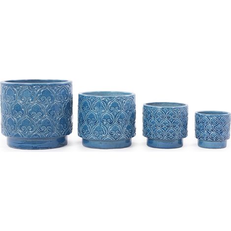 4er-Set glänzende blaue Keramiktöpfe mit Herzrelief, Drainagelöchern (1/5)