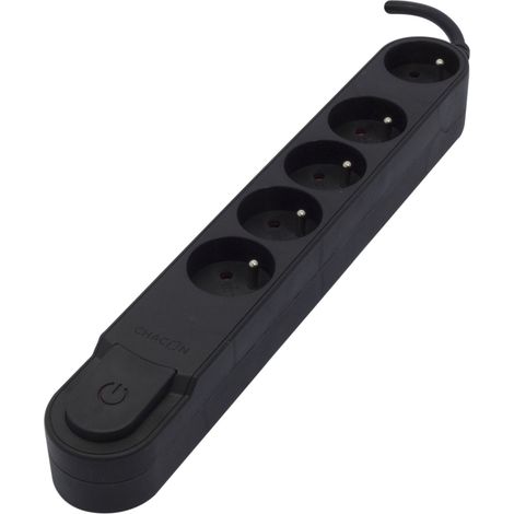 Bloque de toma múltiple CHACON de 5 tomas 16 A con interruptor, enchufe plano, cable de 1,5 m HO5VV-F 3x1,5 mm2 negro (1/3)