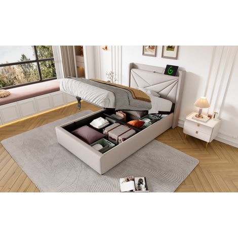 Einzelbett mit Kopfteil, Stauraumbox, USB und Typ-C, 90 x 200 cm, Beige (1/5)
